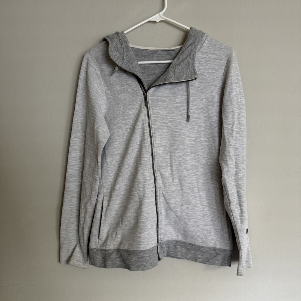 Kuhl Ivory Arva Hoodie Womens Medium  Jacquard Cotton Asymmetrical Full Zip